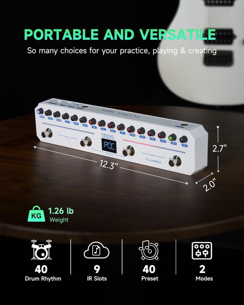 FLAMMA FB200 Bass Multi-Effects Pedal Intelligent Processor with 10 Bass-specific AMP models 10 CAB Sim 9 IR Slots 40 Drum Rhythm 40 Presets 5 Mod 5 Reverb Tuner APP Control Headphone Output - Image 3